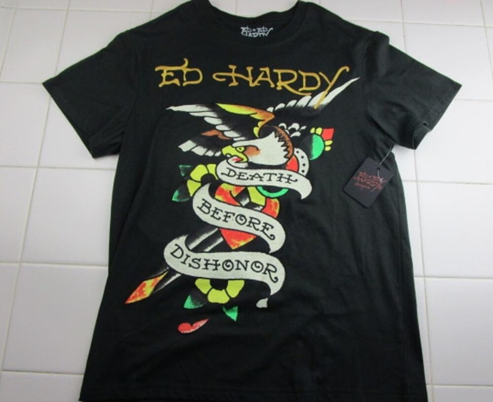 Ed Hardy Death Before Dishonor Graphic Tee‎ Shirt Charcoal Men's Small